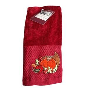 Vintage Towel Set Harvest Fingertip Towels Burgundy Pumpkins Cornucopia